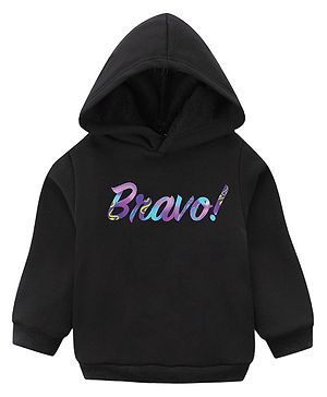 KAVEE Pure Cotton Warm Fleece  Full Sleeves Bravo Text Printed Hooded Sweatshirt - Black