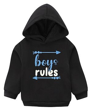 KAVEE Pure Cotton Warm Fleece  Full Sleeves Boys Rules Text Printed Hooded Sweatshirt - Black