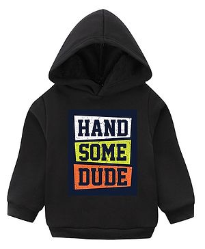 KAVEE Full Sleeves Handsome Dude Printed Pure Cotton Warm Fleece Hooded Sweatshirt - Black