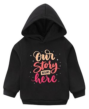 KAVEE Full Sleeves Our Story Begins Here Printed Pure Cotton Warm Fleece Hooded Sweatshirt - Black