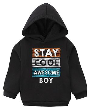 KAVEE Full Sleeves Stay Cool Awesome Boy Printed Pure Cotton Warm Fleece Hooded Sweatshirt - Black