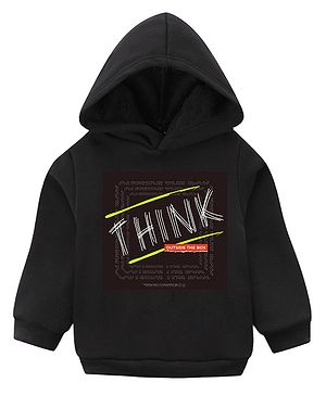 KAVEE Full Sleeves Think Printed Pure Cotton Warm Fleece Hooded Sweatshirt - Black