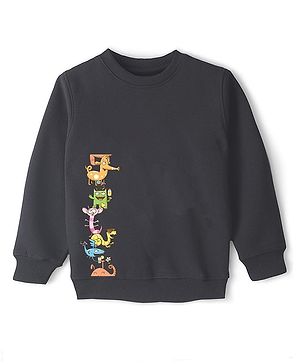 KAVEE Full Sleeves Placement Cartoon Animals Printed Pure Cotton Warm Fleece Sweatshirt - Black