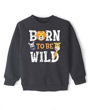 KAVEE Pure Cotton Warm Fleece  Full Sleeves Placement Text & Animals  Printed  Sweatshirt - Black