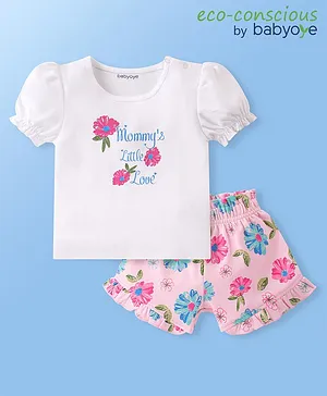 Babyoye Eco Conscious 100% Cotton With Eco Jiva Finish Top & Shorts & Floral Print - Pink & White