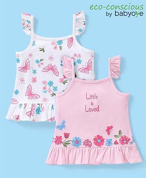 Babyoye Eco Conscious 100% Cotton with Eco Jiva Finish Sleeveless Tops With Floral Print Pack of 2 -Pink & White