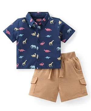 Babyhug 100% Cotton Knit Single Jersey Half Sleeves Shirt & Shorts Dino Print - Navy Blue & Brown