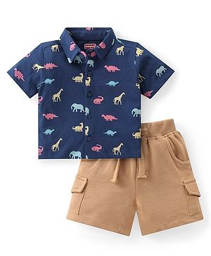 Babyhug 100% Cotton Knit Single Jersey Half Sleeves Shirt & Shorts Dino Print - Navy Blue & Brown