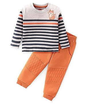 Babyhug 100% Cotton Knit Full Sleeves Fox Printed & Striped T-Shirt & Lounge Pant Set - Orange & White