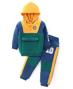 Babyhug Cotton Full Sleeves Hooded T-Shirt & Lounge Pant Color Block Pattern - Green & Blue