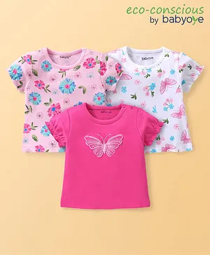 Babyoye Eco Conscious  100% Cotton with Eco Jiva Finish  Half Sleeves T-Shirts with Floral Print Pack of 3 - Multicolour