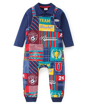 Babyhug 100% Cotton Single Jersey Knit Soccer Ball Printed Dungaree With Full Sleeves Polo T-Shirt - Blue & Multicolor