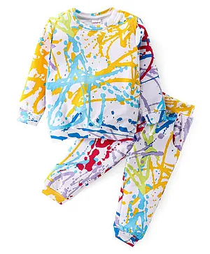 Babyhug 100% Cotton Terry Knit Full Sleeves T-Shirt and Lounge Pant Colour Splash  Print - Multicolour