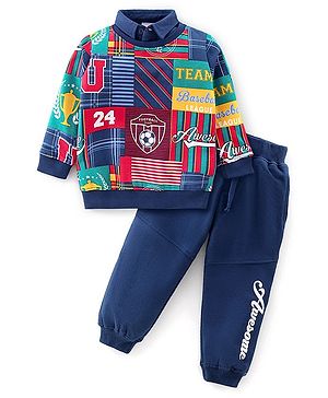 Babyhug 100% Cotton Terry Knit Full Sleeves T-Shirt & Lounge Pant Soccer Ball Print - Multicolor & Blue