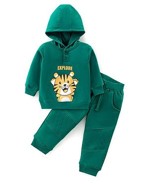 Babyhug 100% Cotton Terry Knit Full Sleeves Hooded T-Shirt & Lounge Pant Tiger Print - Green