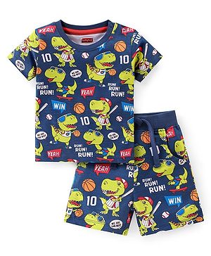 Babyhug 100% Cotton Knit Single Jersey Half Sleeves T-Shirt & Shorts Dino Print - Navy Blue