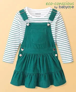 Babyoye Eco Conscious Cotton Full Sleeves Striped T-Shirt with Solid Colour Frocks-Green