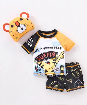 Kookie Kids Half Sleeves Two Piece Swimsuit & Cap With Tiger Applique - Multicolour