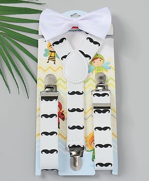 Babyhug Free Size Mustache Printed Bow and Suspender Set - White