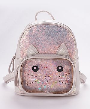 Babyhug Fashion Backpack with Sequinned & Kitty Applique - Beige