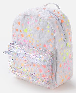 Babyhug Fur Fashion Backpack Heart Print - White