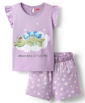 Babyhug Single Jersey Knit Half Sleeves Night Suit Dino Printed - Lavender