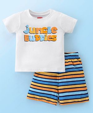 Babyhug Cotton Knit Half Sleeves Night Suit With Striped & Text Print - Multicolor