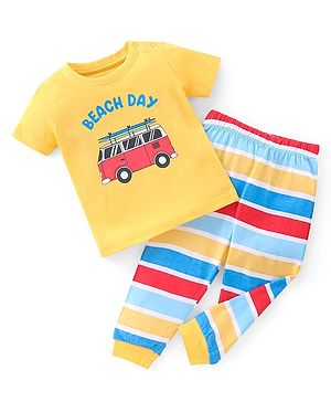 Babyhug Cotton Knit Half Sleeves Night Suit With Van Print - Yellow & Blue