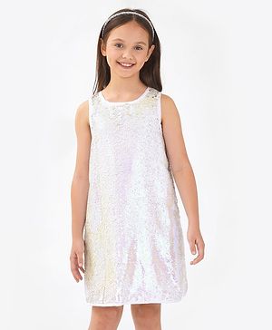 Primo Gino Sleeveless A Line Party Dress with Reversible Sequins - White & Pink