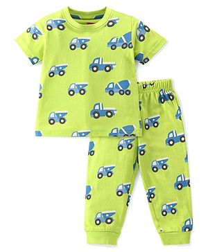 Babyhug Cotton Knit Half Sleeves Night Suit With Construction Vehicle Print - Green