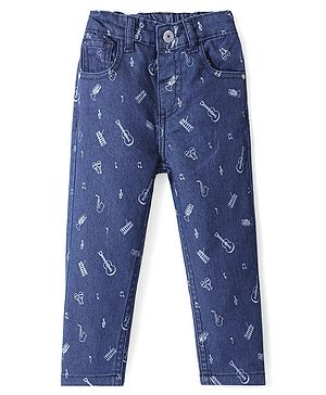 Babyhug Full Length Denim Jeans With Stretch & Musical Instruments Printed - Blue