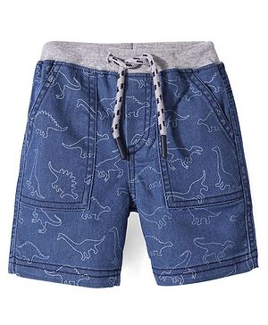 Babyhug Cotton Denim Shorts With Stretch Dino Print- Blue