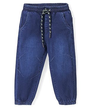 Babyhug Cotton Spandex Full Length Washed Stretchable Denim Joggers - Dark Blue