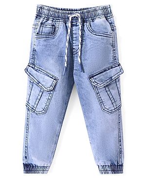 Babyhug Cotton Spandex Full Length Washed Stretchable Denim Joggers - Dark Blue