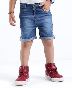 Babyhug Cotton Blend Knee Length Denim Shorts With Stretch Airplane Print - Blue