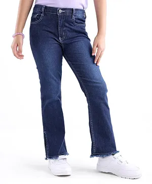 Arias Cotton Stretch Flared Full Length Side Slit  Washed Jeans with Heart Shaped Back Pocket- Dark Blue