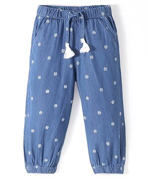 Babyhug 100% Cotton Full Length Denim Joggers with Floral Print - Blue