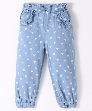 Babyhug Cotton Full Length Denim Joggers with Heart Print - Light Blue
