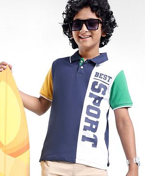 Pine Kids 100% Cotton Half Sleeves Text Print Polo T-Shirt - Blue
