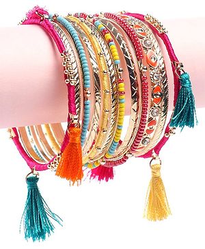 Earthy Touch Bangles With Beads Embellishment  Multicolour - 12 Pieces