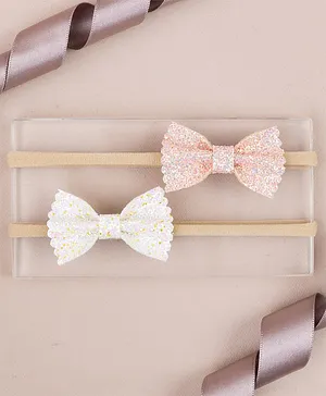 Knotty Ribbons Set Of 2 Glitter Bow Embellished Headband - Peach And White