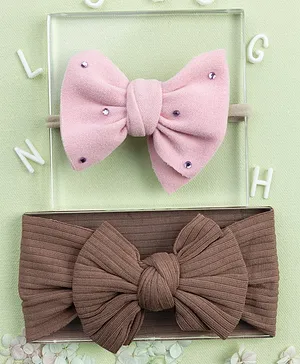 Knotty Ribbons Set Of 2 Faux Suede Oversized Bow Detailed Headband & Headwrap  - Light Pink & Brown