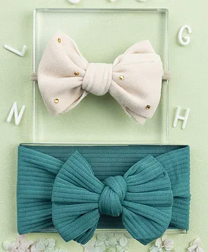 Knotty Ribbons Set Of 2 Faux Suede Oversized Bow Detailed Headband & Headwrap  - Off White & Teal Blue