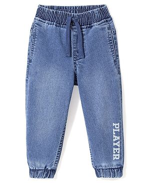 Babyhug Cotton Spandex Full Length Washed & Stretchable Denim Joggers with Draw-Cord Text Print - Blue