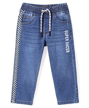 Babyhug Cotton Spandex Full Length Washed & Stretchable Denim Joggers with Draw-Cord Text Print - Blue