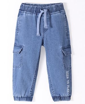 Babyhug Denim Full Length Joggers with Stretch & Text Printed - Blue