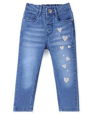 Babyhug Denim Washed  Full Length Stretchable  Jeans with Heart Patch  -Blue