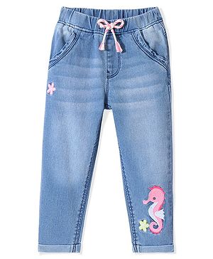Babyhug Denim Washed  Full Length Stretchable  Jeans with Star & Seahorse Embroidery -Blue