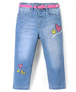 Babyhug Full Length Denim Jeans With Stretch Heart Print - Blue