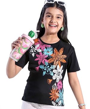 Pine Kids 100% Cotton Half Sleeves T-Shirt With Floral Print - Black